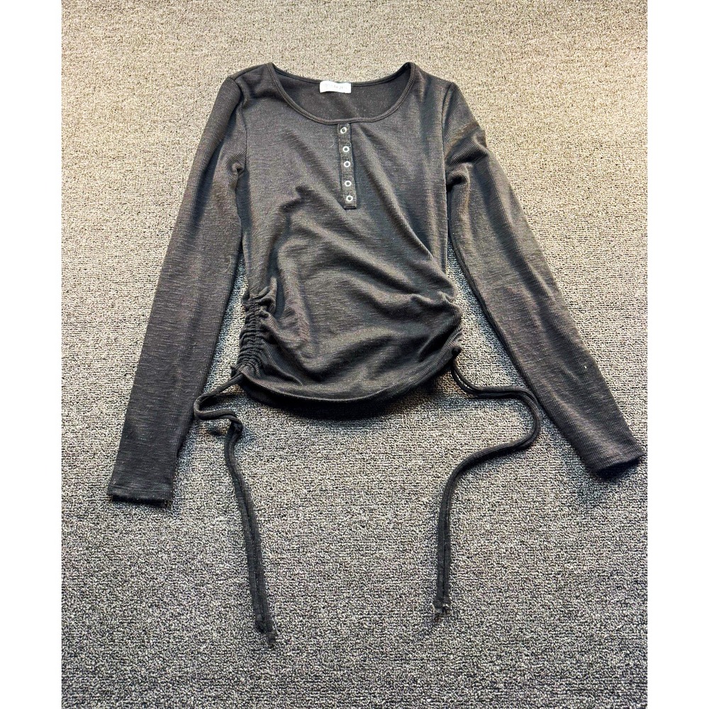 Popular 21 Womens Gray Ribbed Knit Long Sleeve Henley Top Drawstring Size L